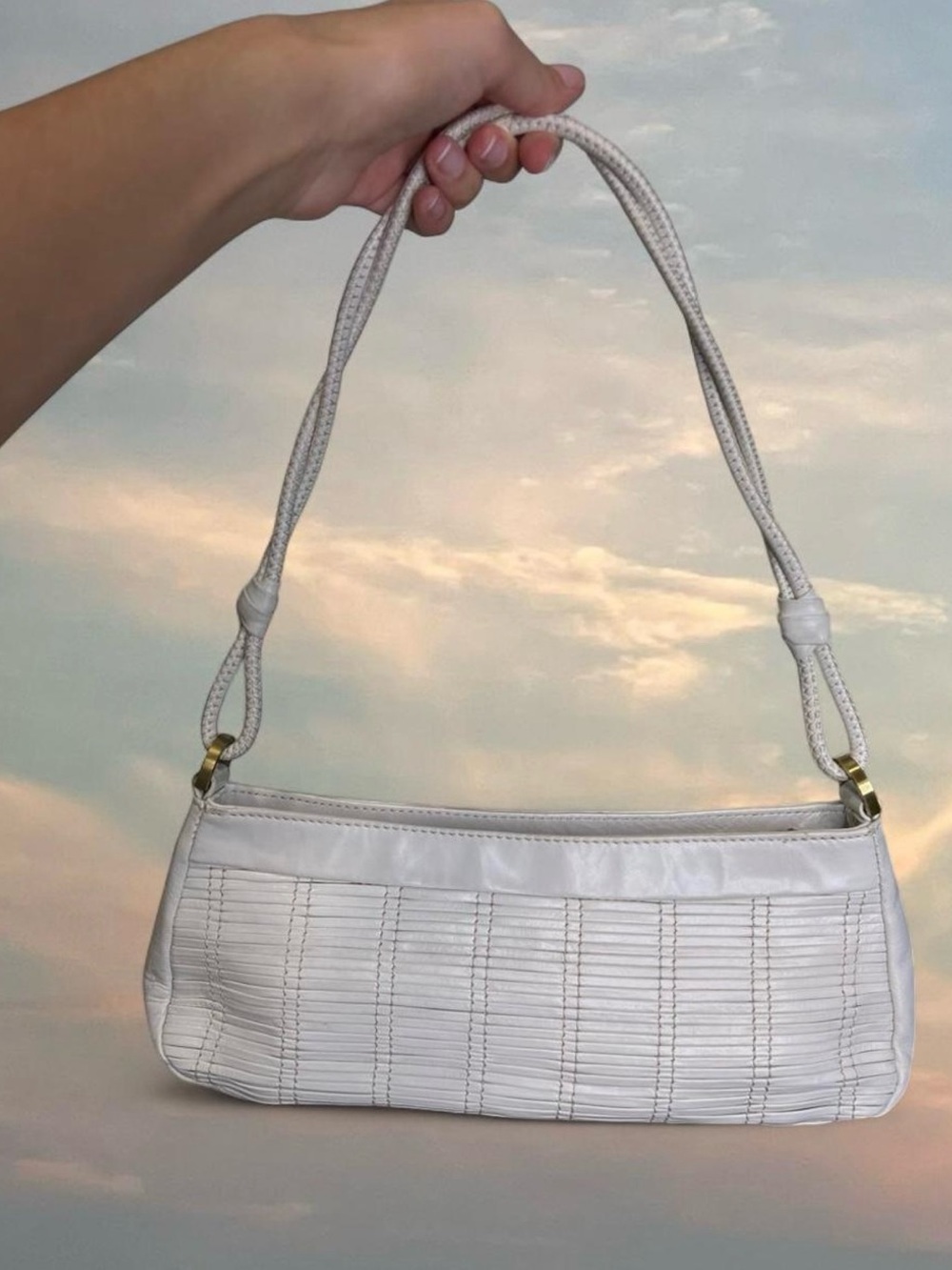 Vintage Y2K Sigrid Olsen white leather baguette shoulder bag.
